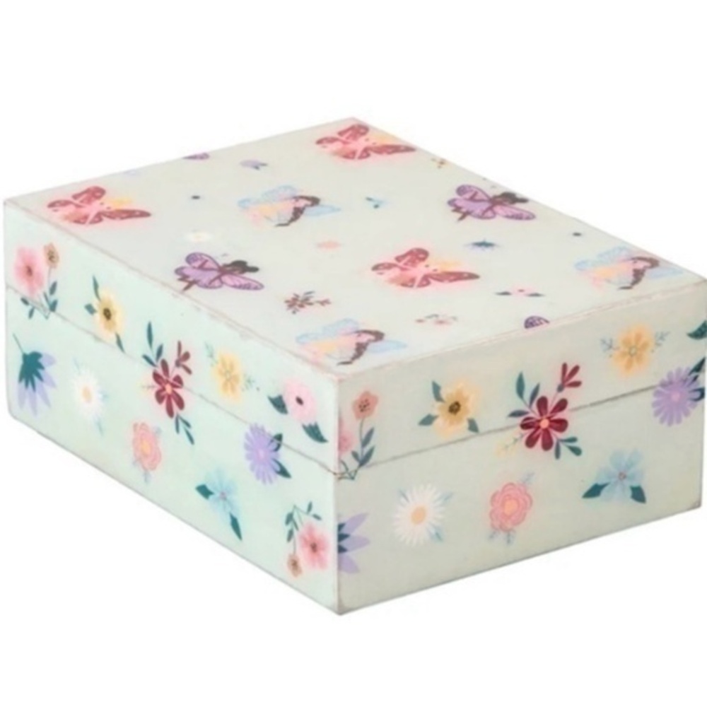 Tiny Dreamers Decal Box, Small Flowers, Butterflies and Fairies 4”L 1.5”H 3” W